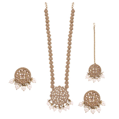 Antique Gold Polki Pearl Long Necklace Set With Maang Tikka