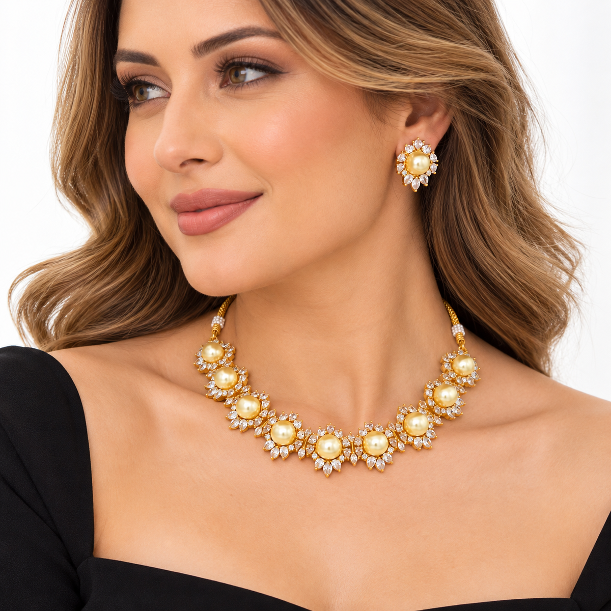 Golden Champagne Pearl Collar Necklace Earrings Set