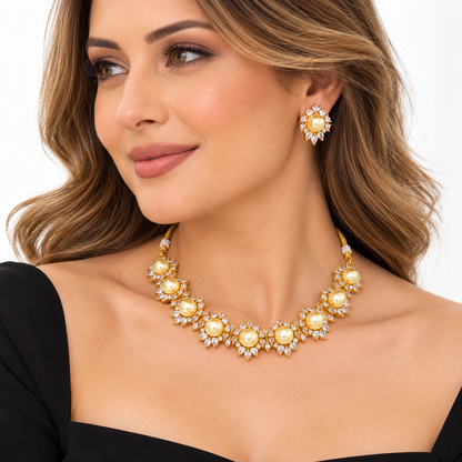 Golden Champagne Pearl Collar Necklace Earrings Set