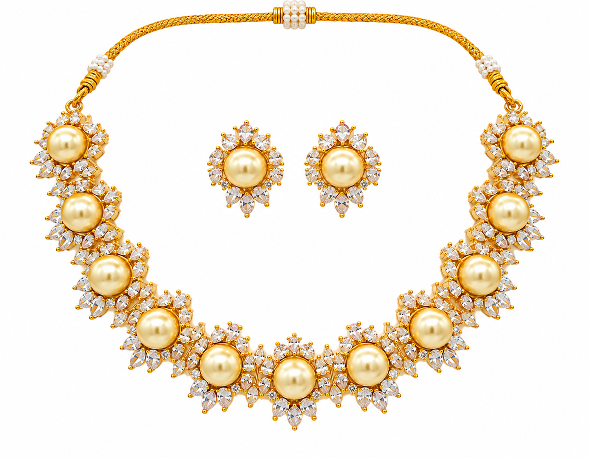 Golden Champagne Pearl Collar Necklace Earrings Set