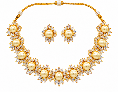 Golden Champagne Pearl Collar Necklace Earrings Set