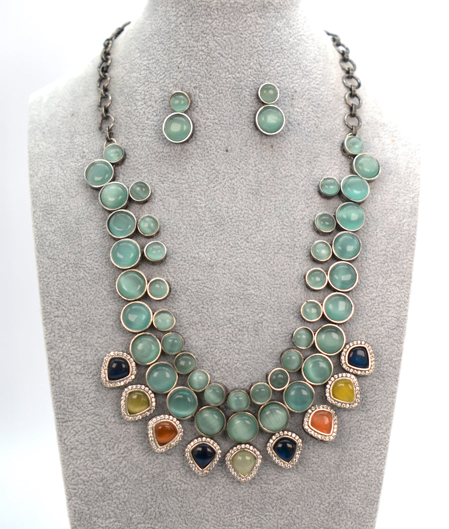 GS Multi Monalisa Stone Beads CZ Statement Necklace Set