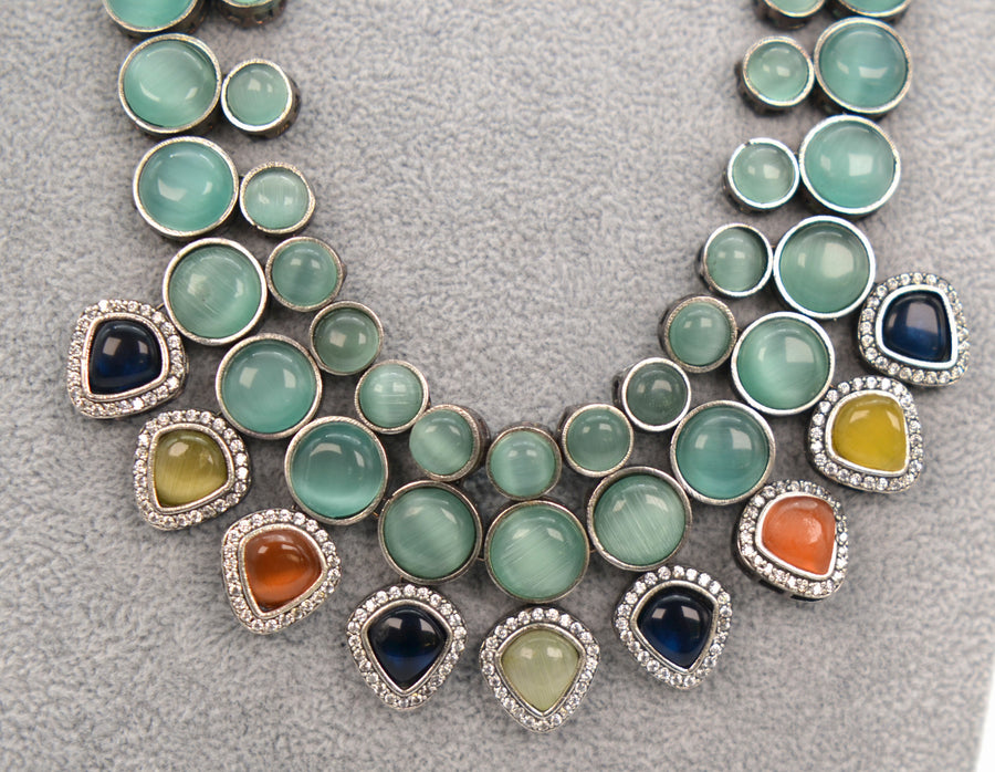 GS Multi Monalisa Stone Beads CZ Statement Necklace Set