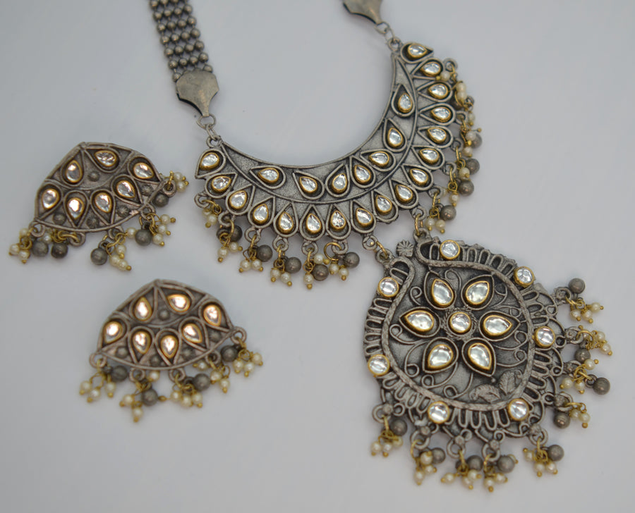 German Silver Kundan Afghani Necklace set