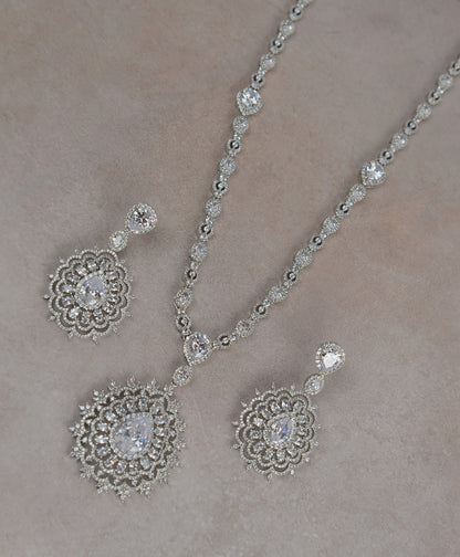 Swarovski Queen CZ Long Necklace Set - Silver