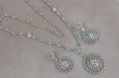 Swarovski Queen CZ Long Necklace Set - Silver