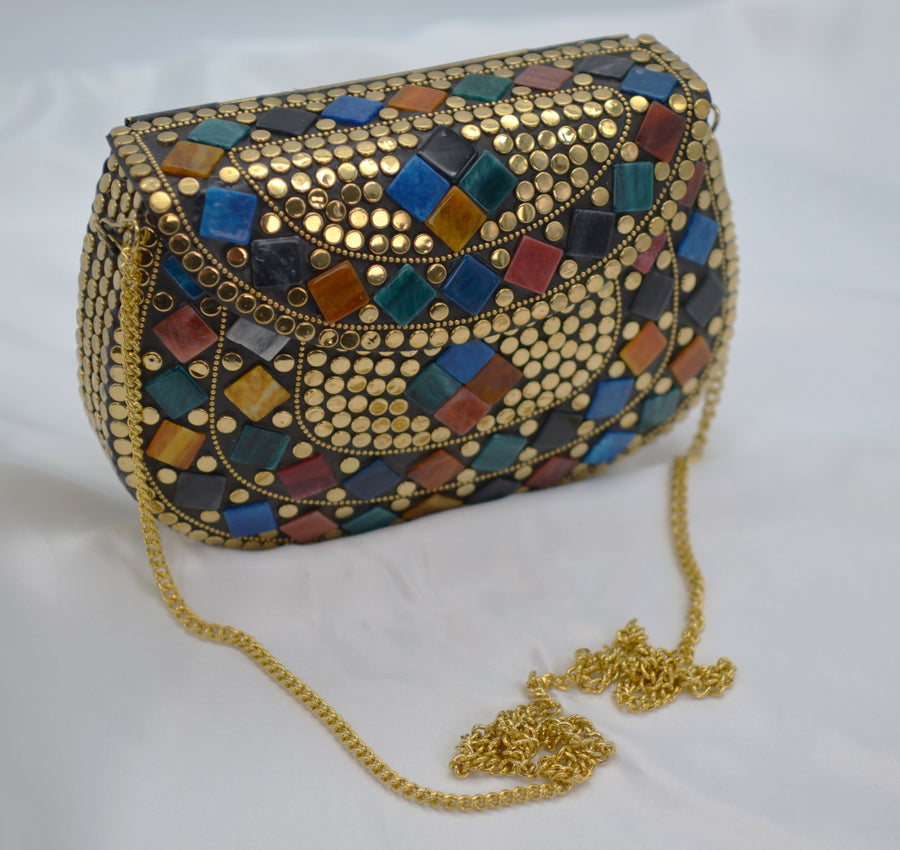 Brass Mosaic Clutch - Gold Multi