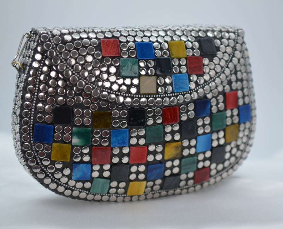 Brass Mosaic Clutch - Silver Multi