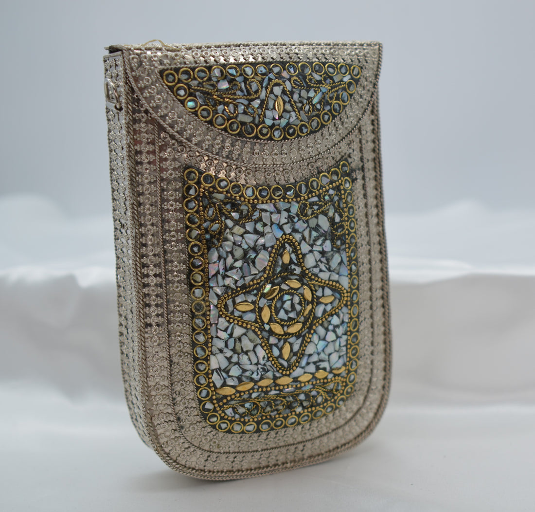 Mosaic Mobile Clutch - White With Silver