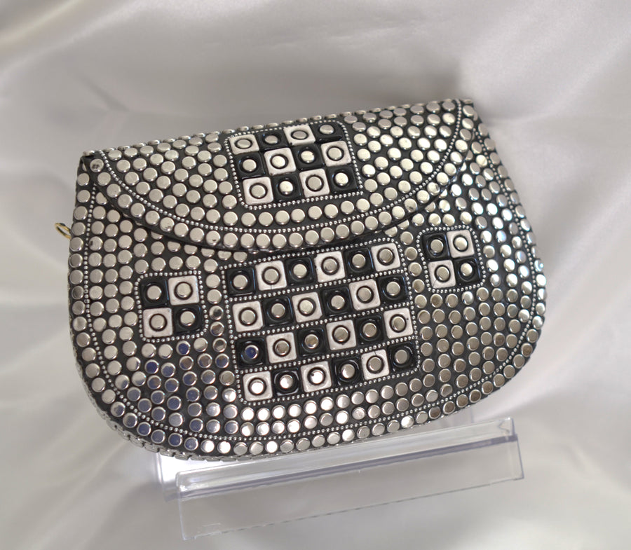 Classic Mosaic Clutch - Black & White With German Silver