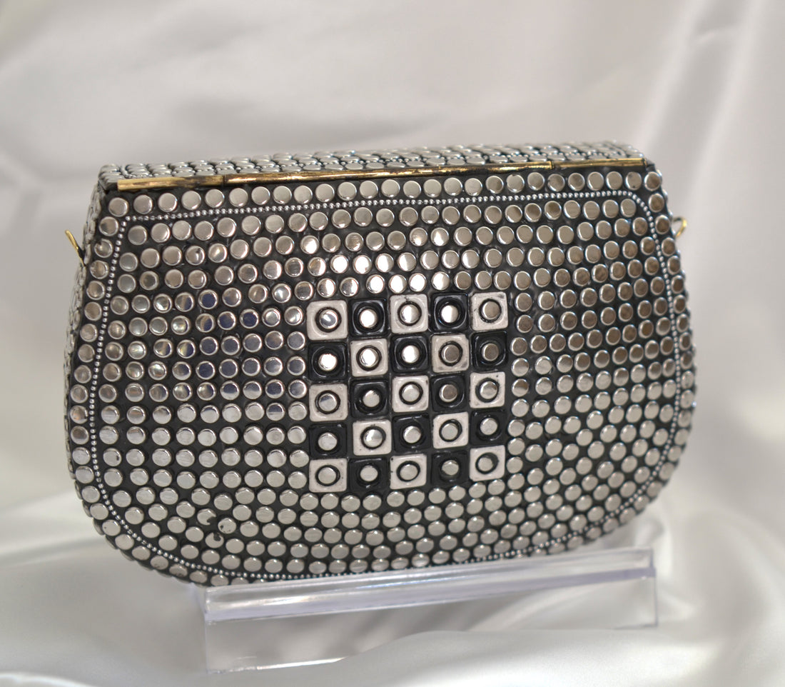 Classic Mosaic Clutch - Black &amp; White With German Silver