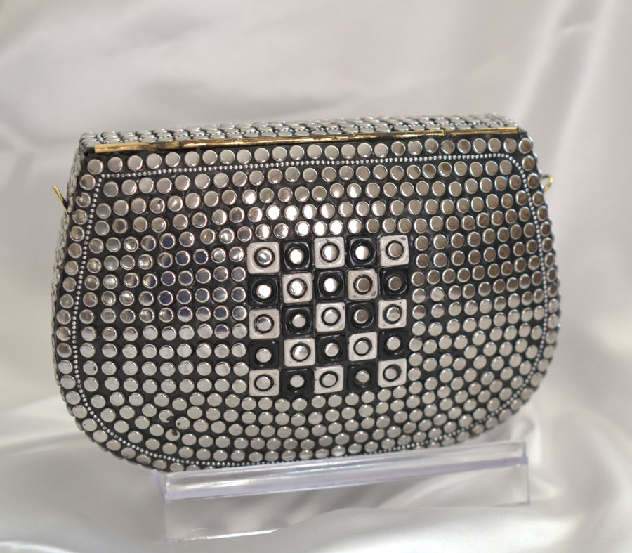 Classic Mosaic Clutch - Black & White With German Silver