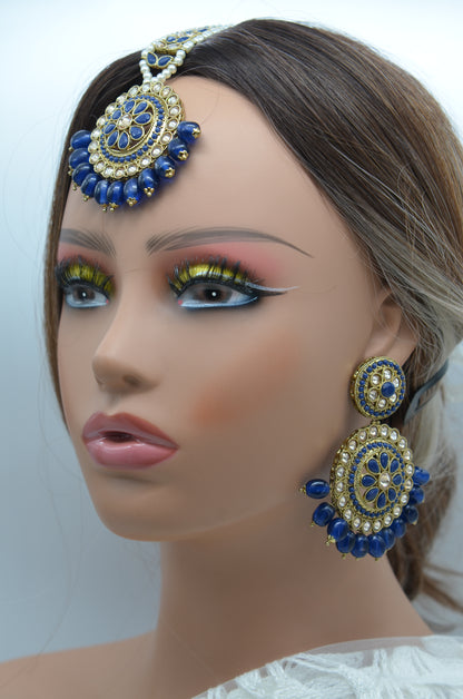 Royal Blue Polki Earrings Maang Tikka Set