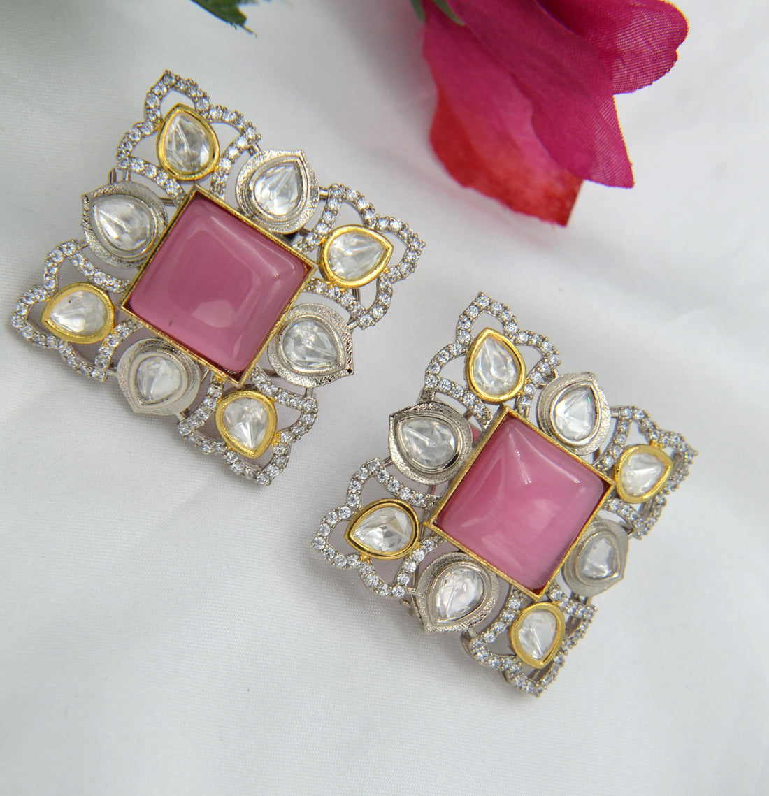 Pink Oversized Kundan Studs & Finger Ring Set