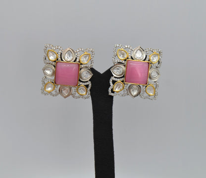 Pink Oversized Kundan Studs &amp; Finger Ring Set
