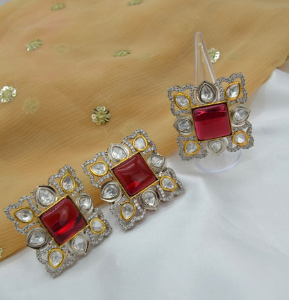 Ruby Oversized Kundan Studs &amp; Finger Ring Set
