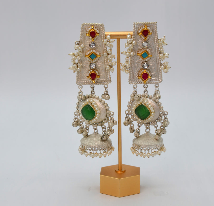 92.5 Silver Coating Pachi Kundan Long Earrings