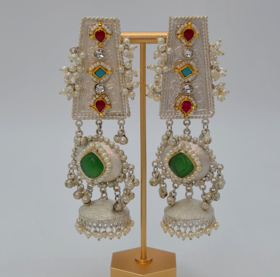 92.5 Silver Coating Pachi Kundan Long Earrings