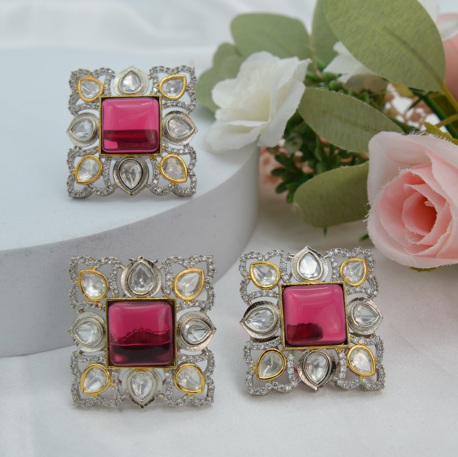 Ruby Oversized Kundan Studs &amp; Finger Ring Set