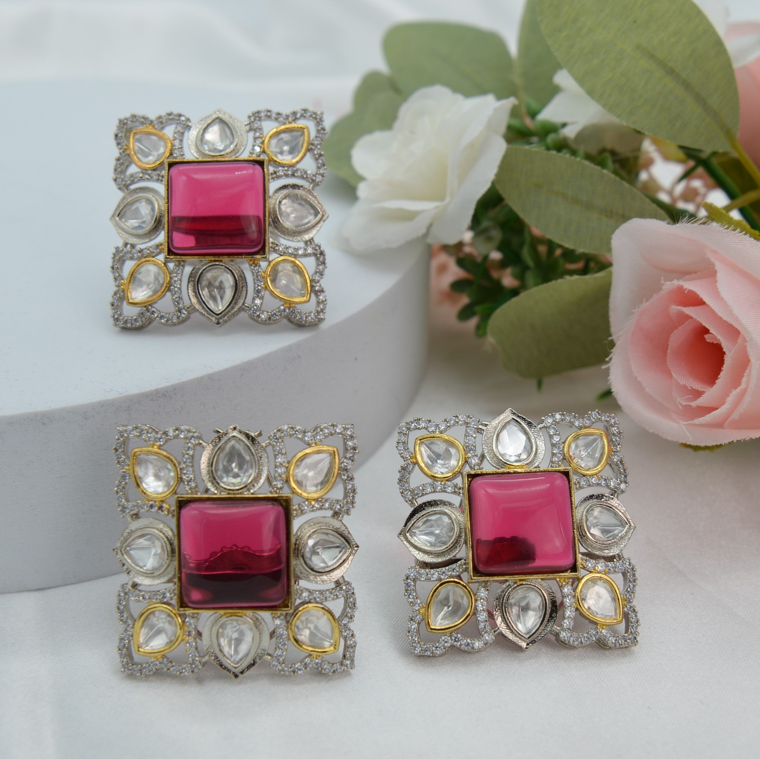 Ruby Oversized Kundan Studs &amp; Finger Ring Set