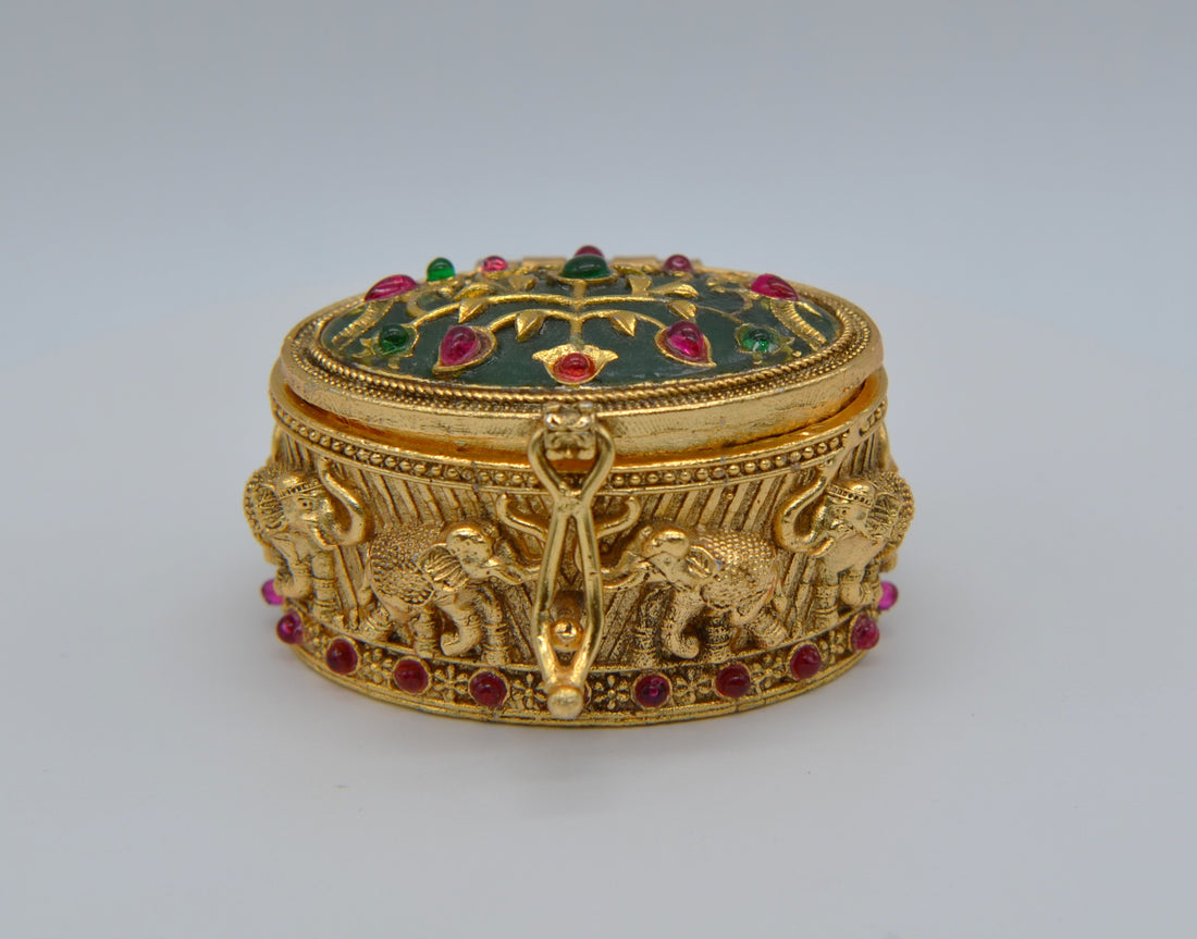 Green Stone Sindoor Box with Elephant Carving