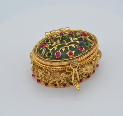Oval Shape Stone Sindoor Box with Elephant Carving