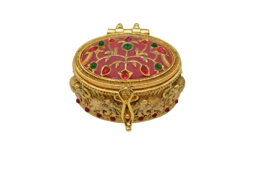 Oval Shape Stone Sindoor Box with Elephant Carving