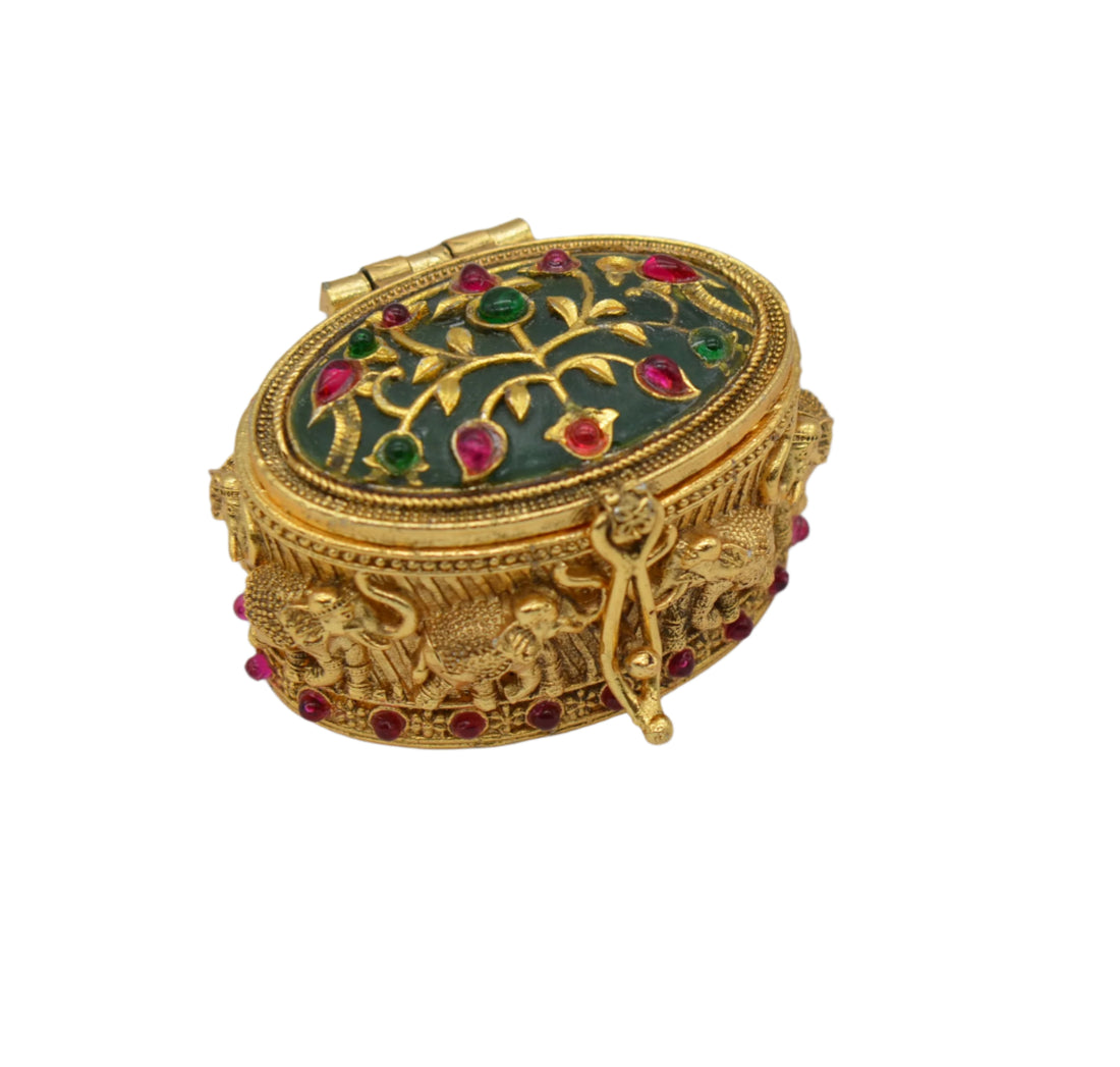 Green Stone Sindoor Box with Elephant Carving