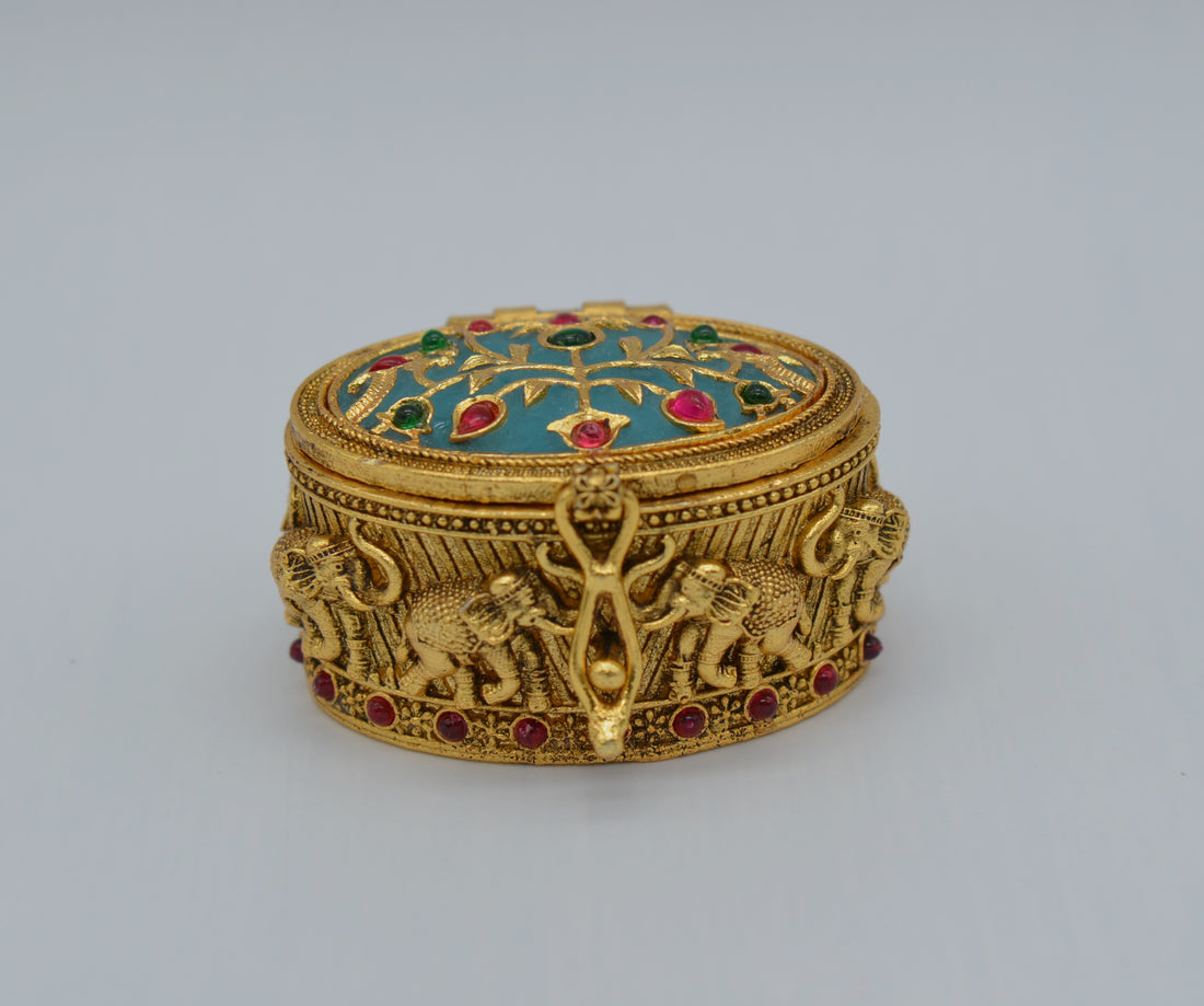 Aqua Blue Stone Sindoor Box with Elephant Carving