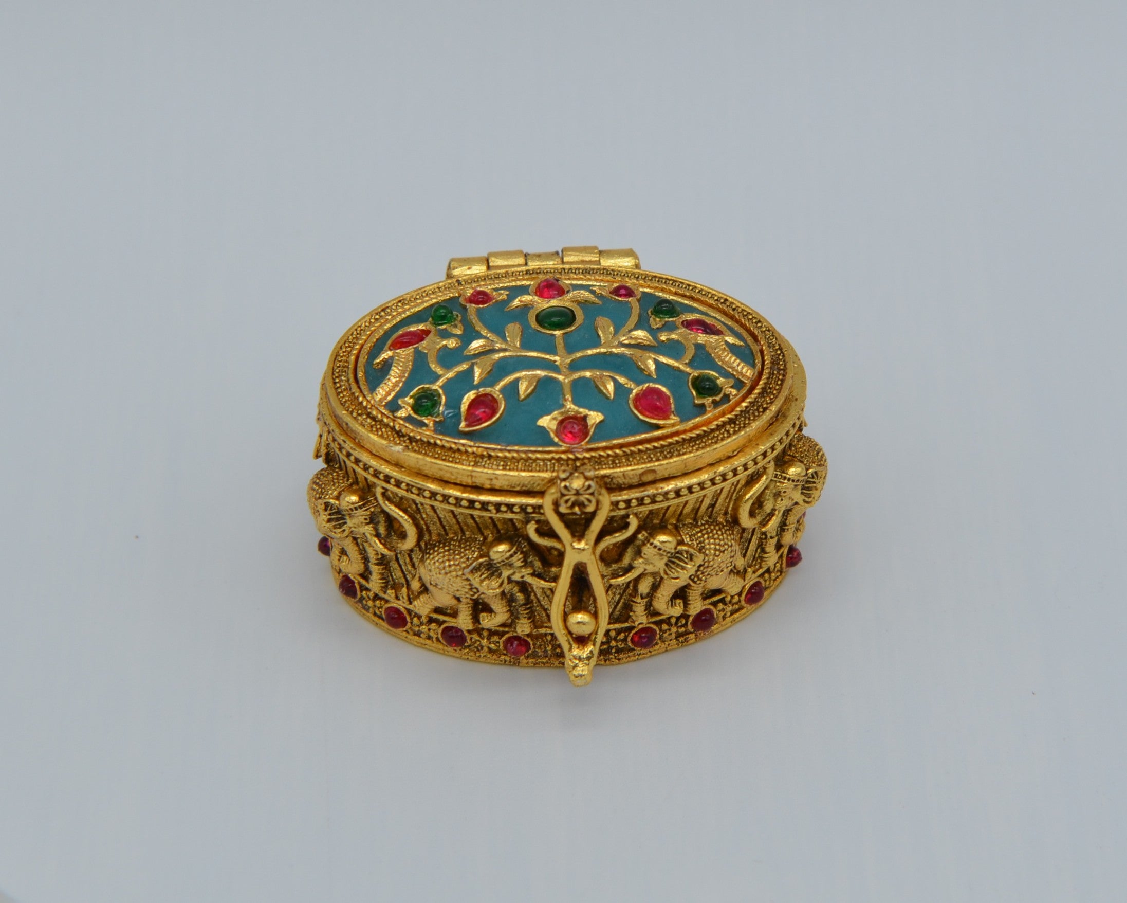 Oval Shape Stone Sindoor Box with Elephant Carving