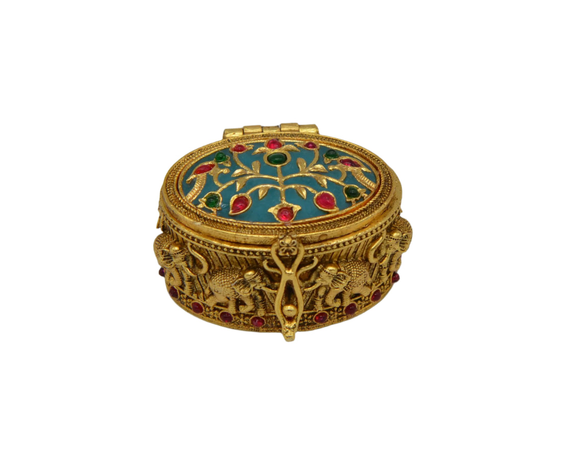 Aqua Blue Stone Sindoor Box with Elephant Carving