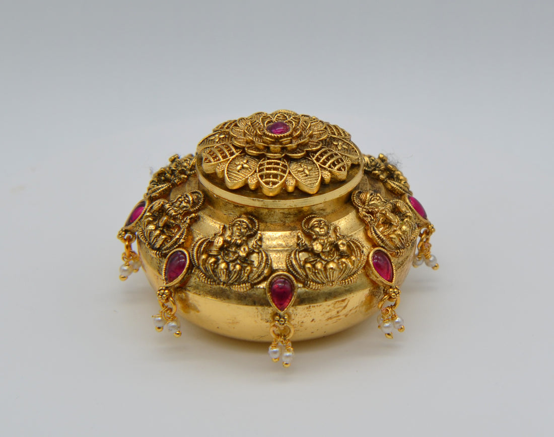 Antique Gold Round Shape Lakshmi Sindoor Box