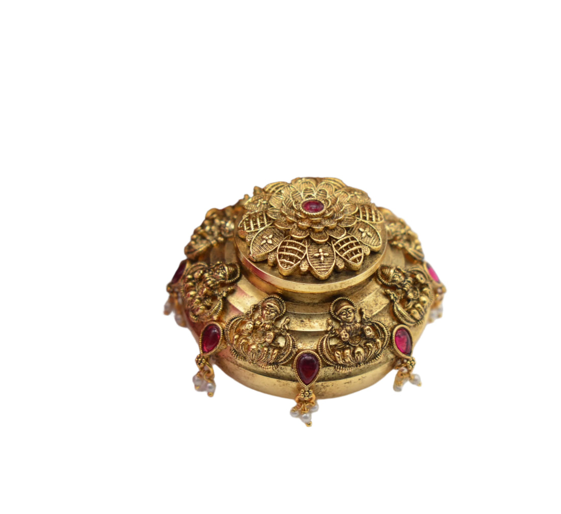 Antique Gold Round Shape Lakshmi Sindoor Box