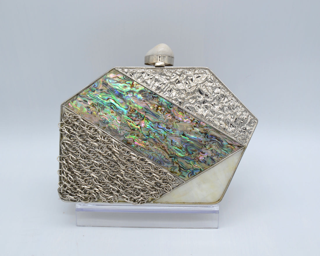 Mother Of Pearl Hexagon Shape Clutch Silver