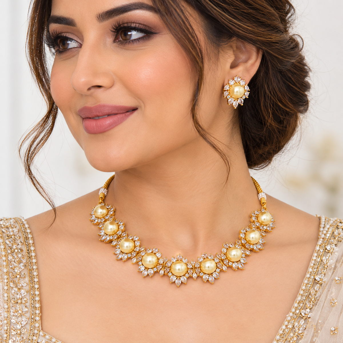 Golden Champagne Pearl Collar Necklace Earrings Set