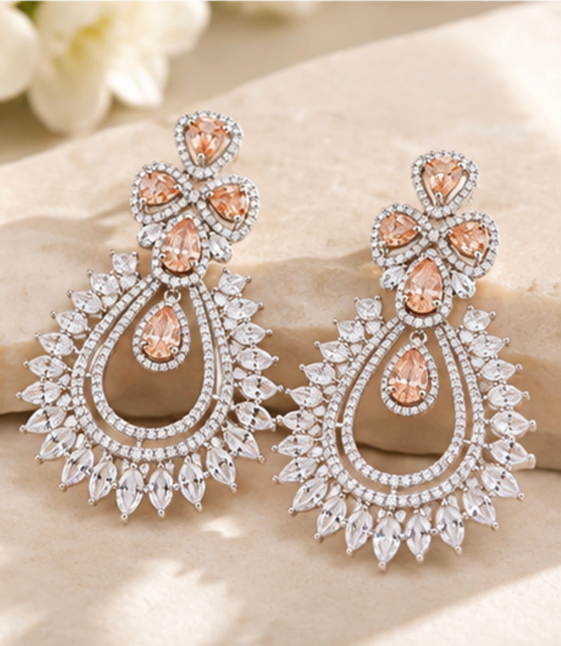 Silver CZ Monalisa Stone Dangler Long Earrings