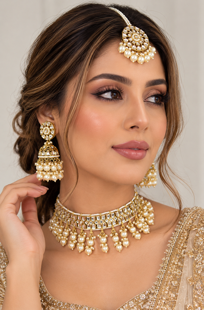 Mirror Kundan Choker Necklace With Jhumki Maang Tikka Set – necklaces by Sparkling Trendz, view 2