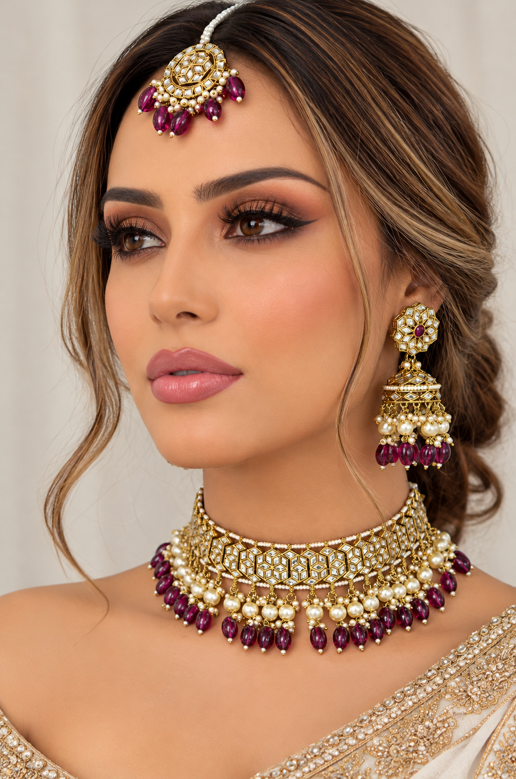 Mirror Kundan Choker Necklace With Jhumki Maang Tikka Set – necklaces by Sparkling Trendz, view 10