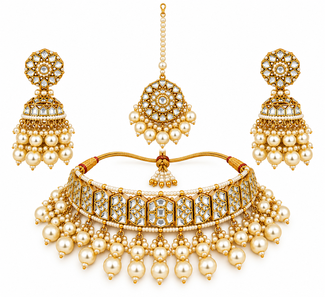 Mirror Kundan Choker Necklace With Jhumki Maang Tikka Set