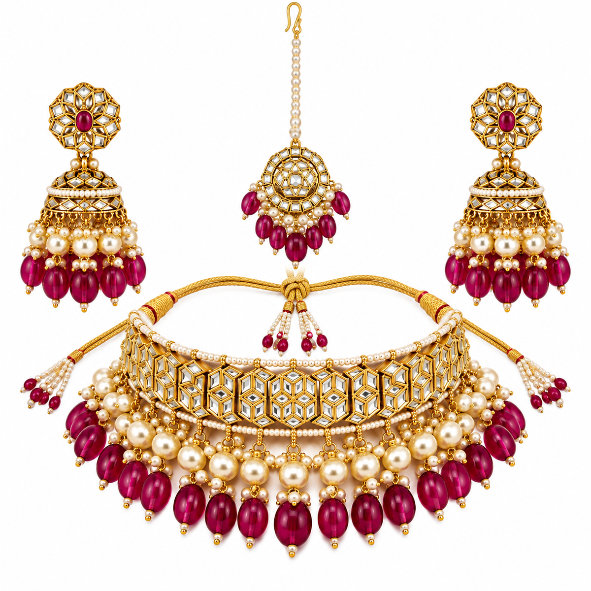 Mirror Kundan Choker Necklace With Jhumki Maang Tikka Set – necklaces by Sparkling Trendz, view 8
