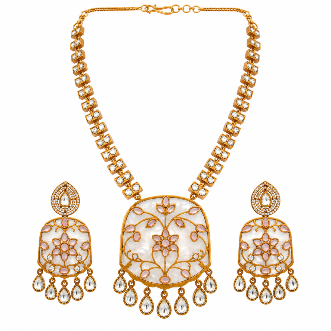 Apala Polish Pink Moissanite Polki Kundan Necklace Set