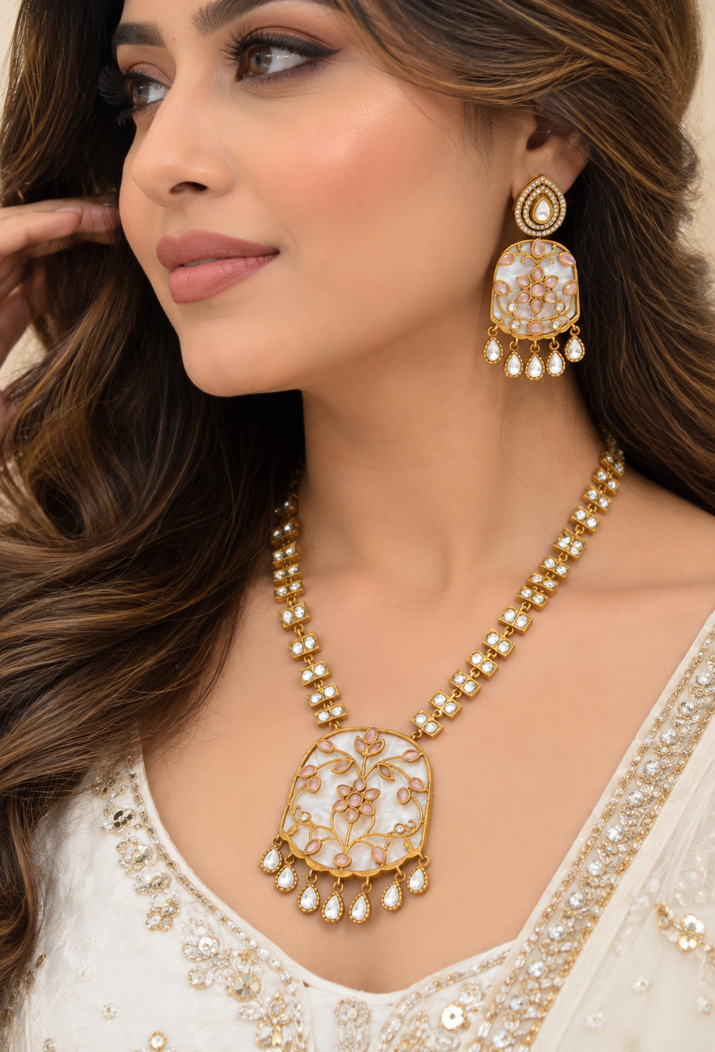 Apala Polish Pink Moissanite Polki Kundan Necklace Set – necklaces by Sparkling Trendz, view 3
