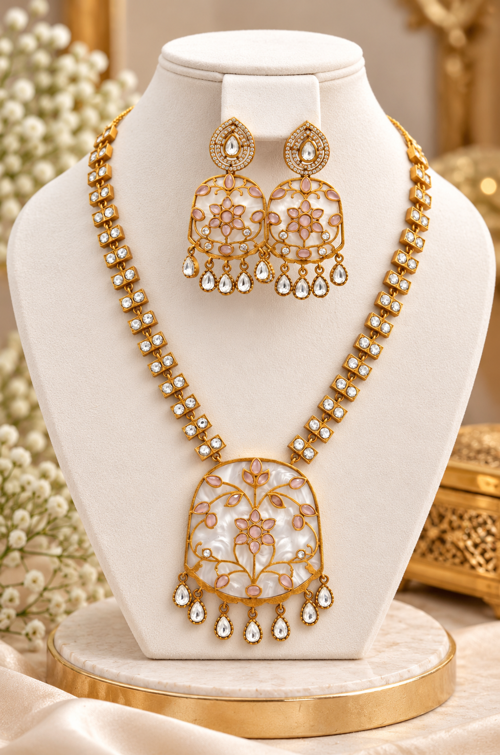 Apala Polish Pink Moissanite Polki Kundan Necklace Set