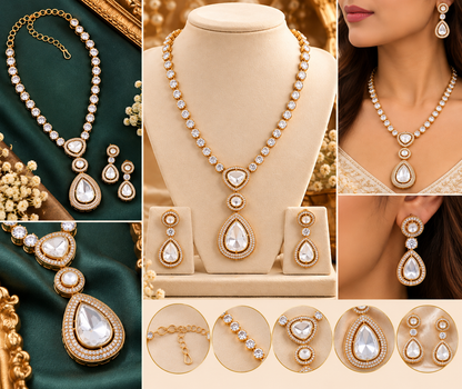 Gold Moissanite Polki Necklace with Earrings – necklaces by Sparkling Trendz, view 3