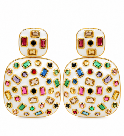 Enamel Rectangle Multi Color Crystal Earrings