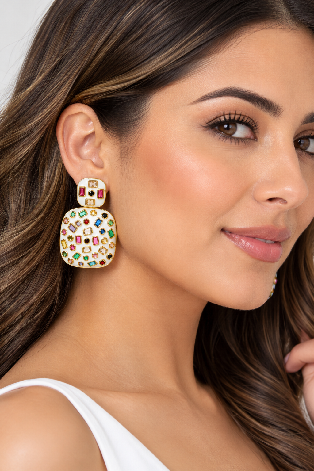 Enamel Rectangle Multi Color Crystal Earrings