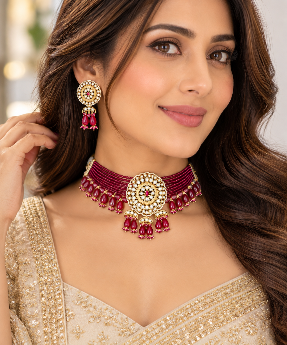 Premium Ruby Kundan Rose Gold Choker Necklace Set – necklaces by Sparkling Trendz, view 4