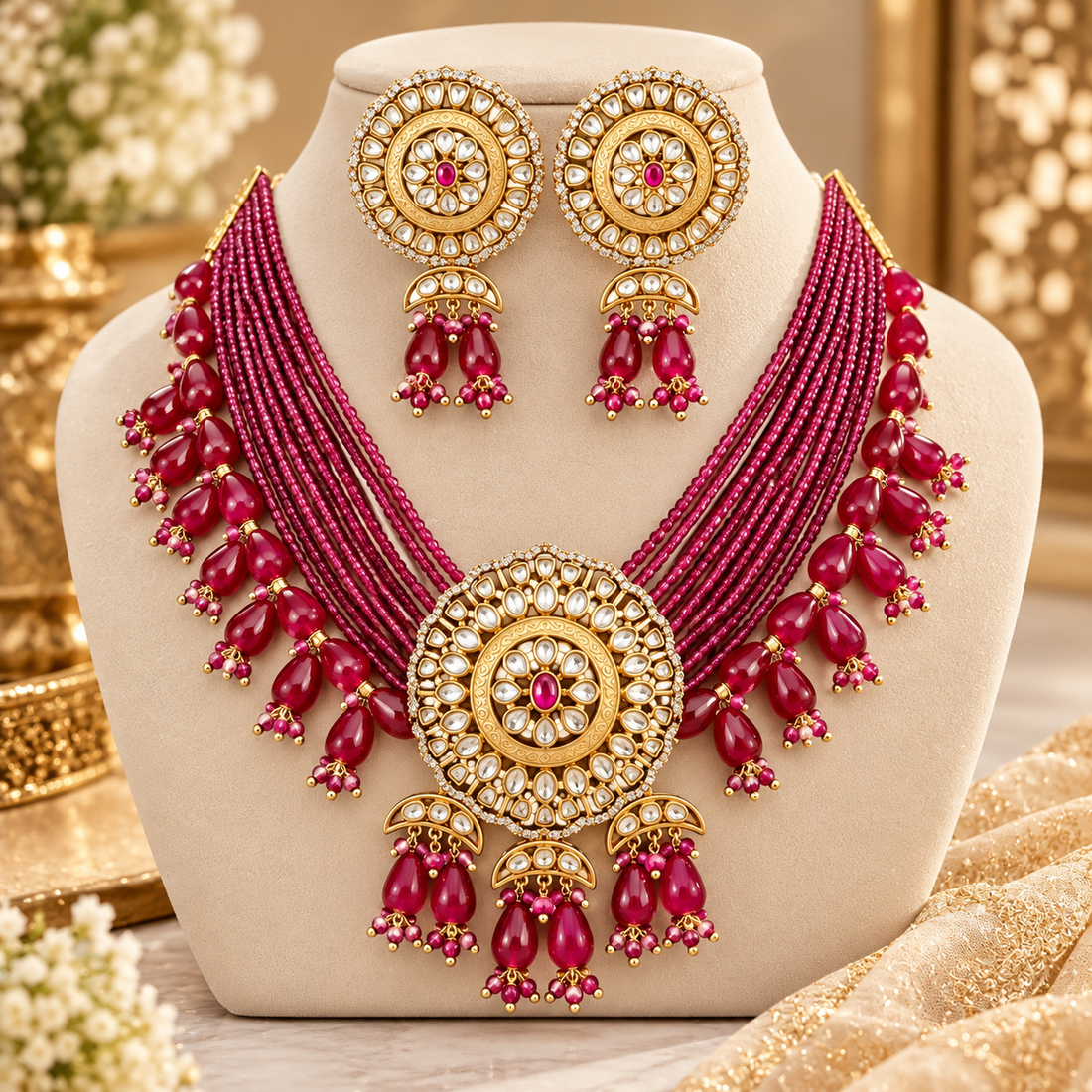 Premium Ruby Kundan Rose Gold Choker Necklace Set