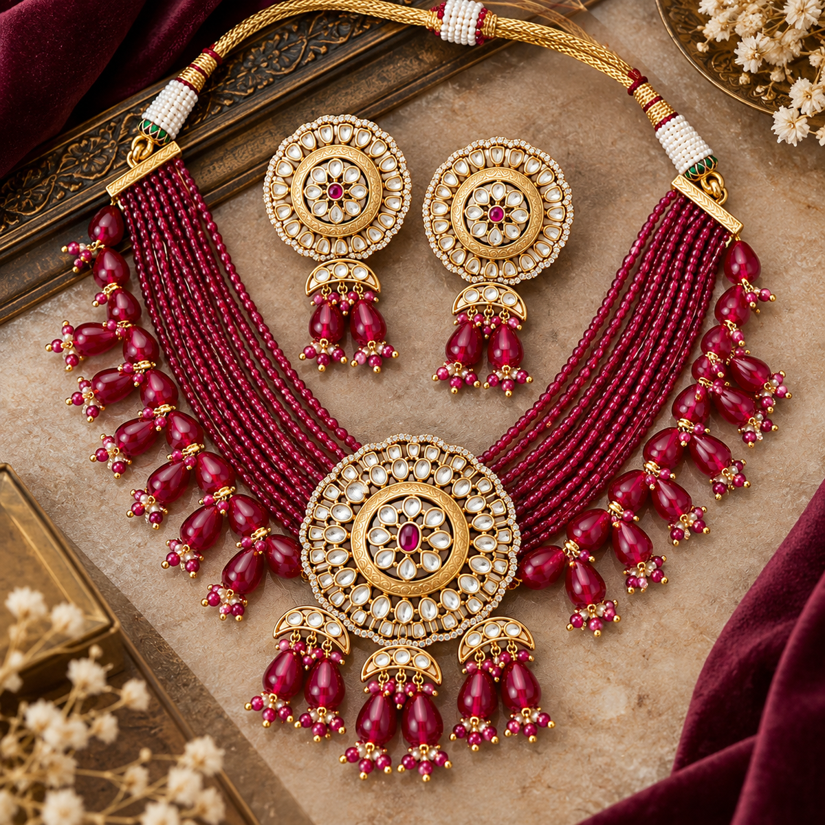 Premium Ruby Kundan Rose Gold Choker Necklace Set – necklaces by Sparkling Trendz, view 3