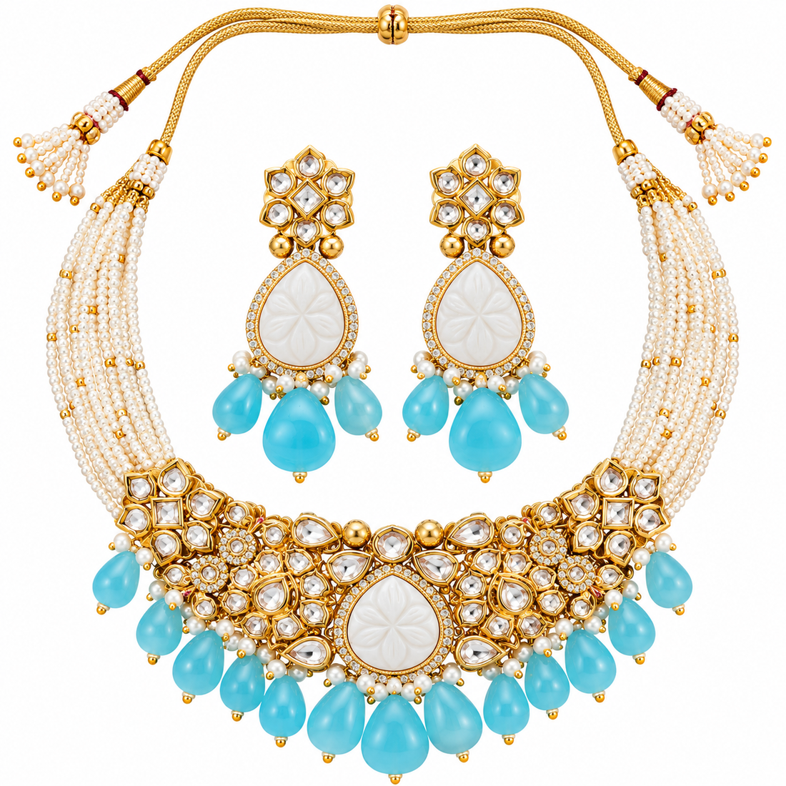 Amrapali Inspired Carved Stone Silver Foiled Kundan with AD Necklace Choker Set